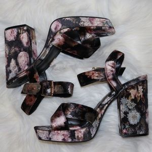 Velvet floral chunky heels